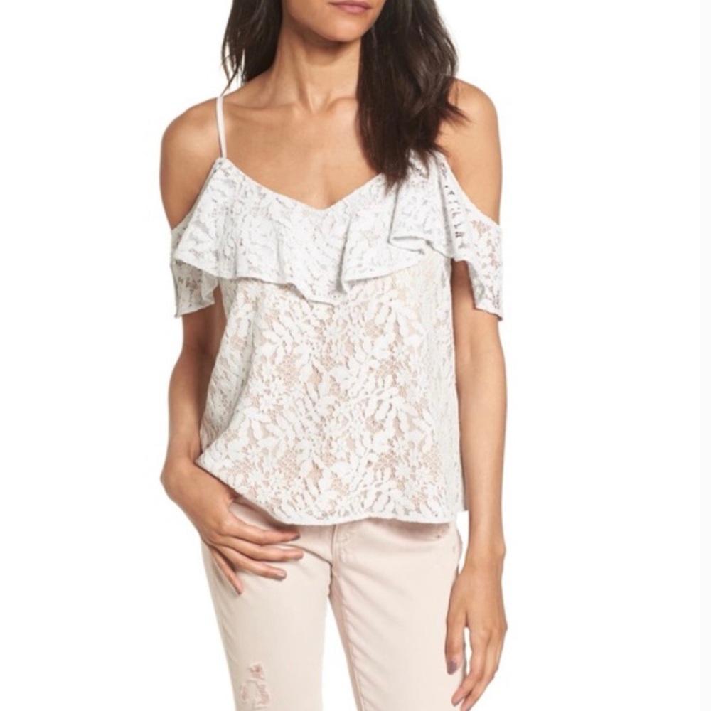 NWOT Wayf Off The Shoulder Ruffle Pale Blue Top